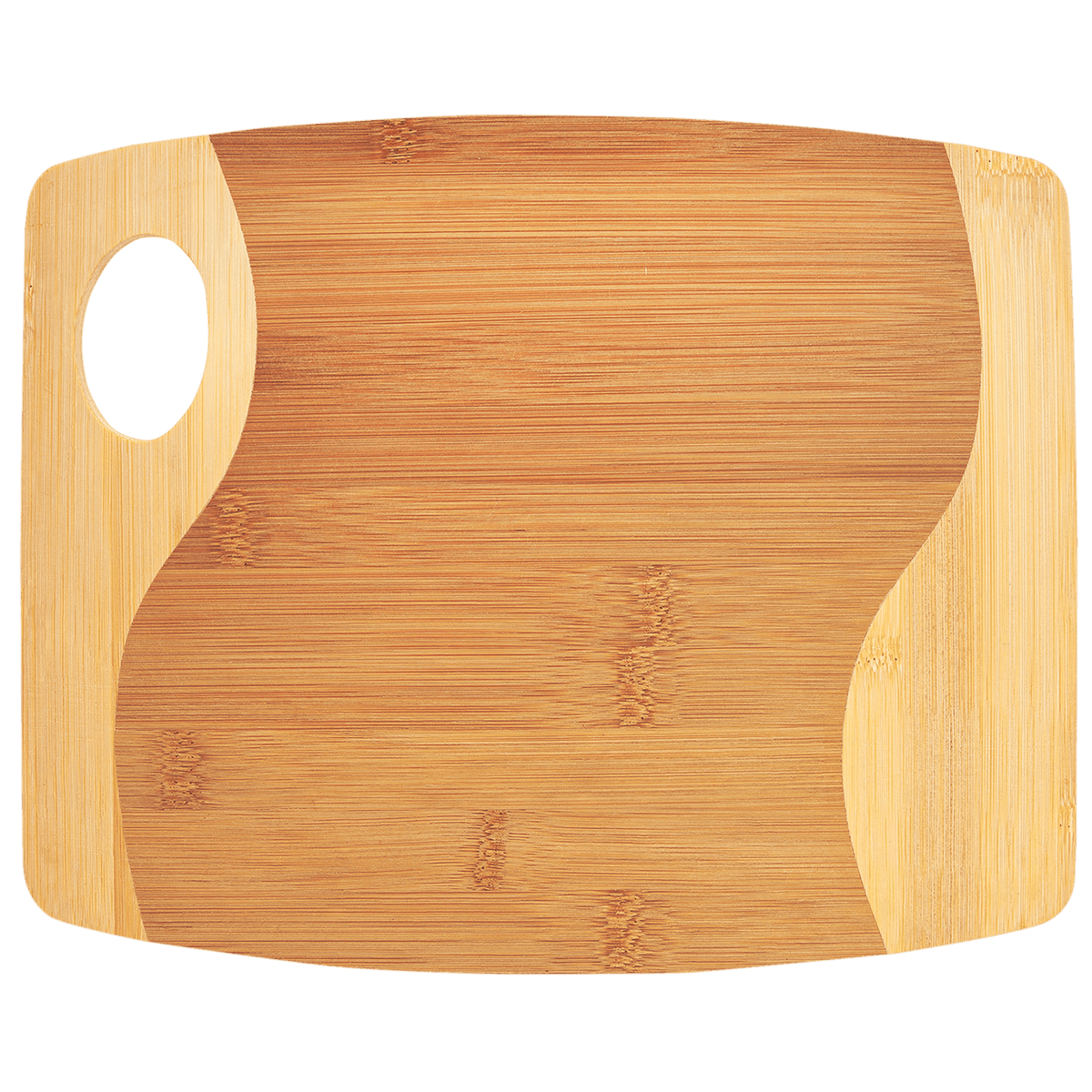 Two-tone bamboo cutting board with handle, 13 3/4 by 11 inches, unengraved