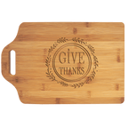 Bamboo cutting board with handle engraved with 'give thanks' inside a wreath