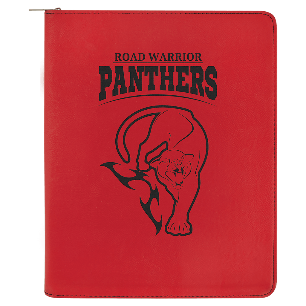 Red leatherette portfolio with zipper and notepad
