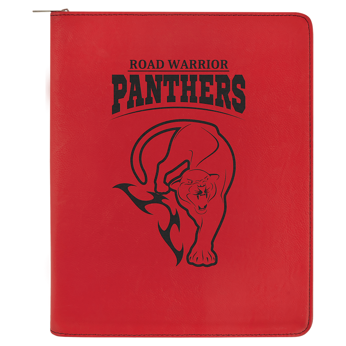 Red leatherette portfolio with zipper and notepad