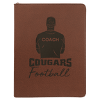 Football pattern leatherette portfolio with zipper and notepad