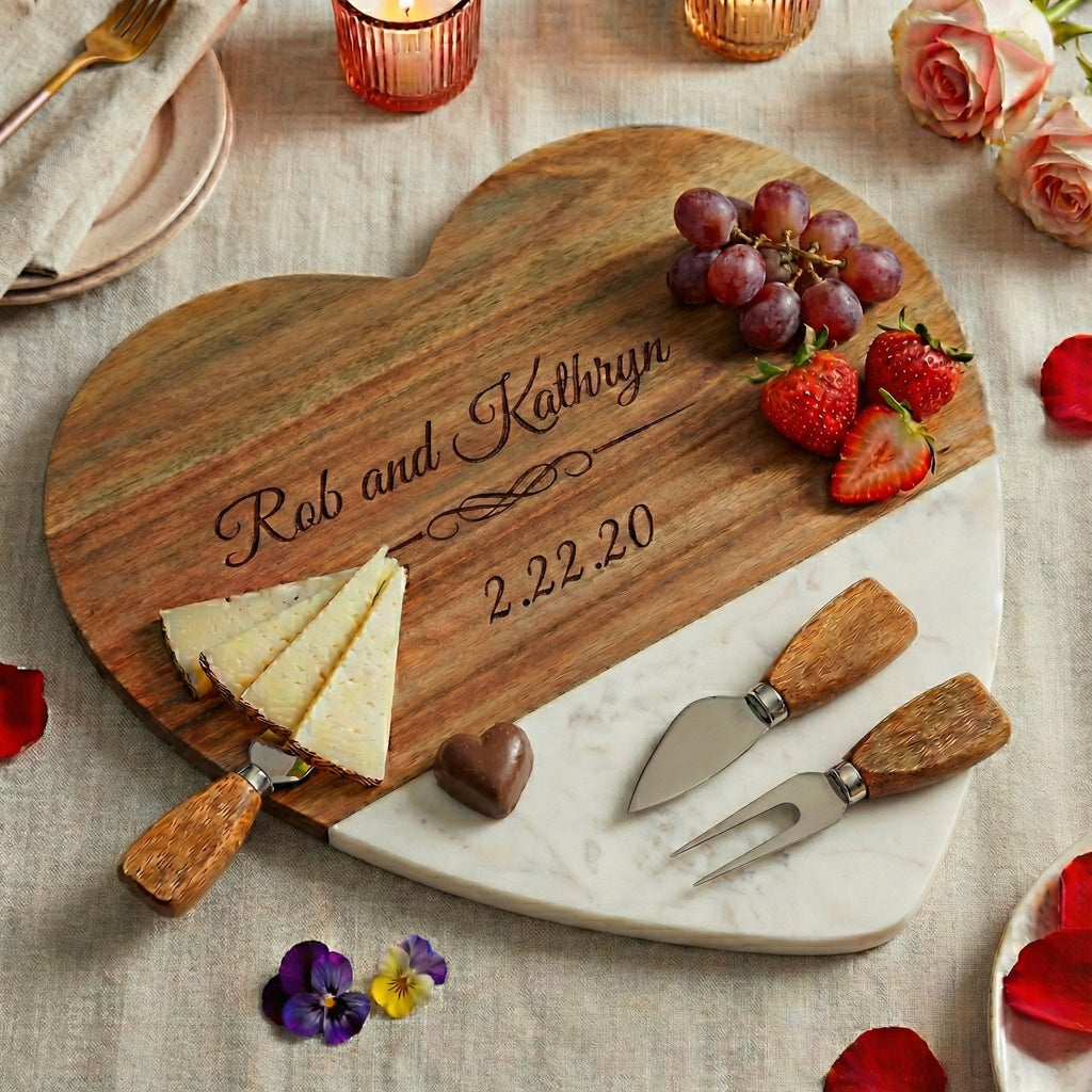 Heart-shaped marble serving set with utensils — personalized wedding gift