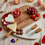 Heart-shaped marble and acacia serving board — engraved anniversary gift