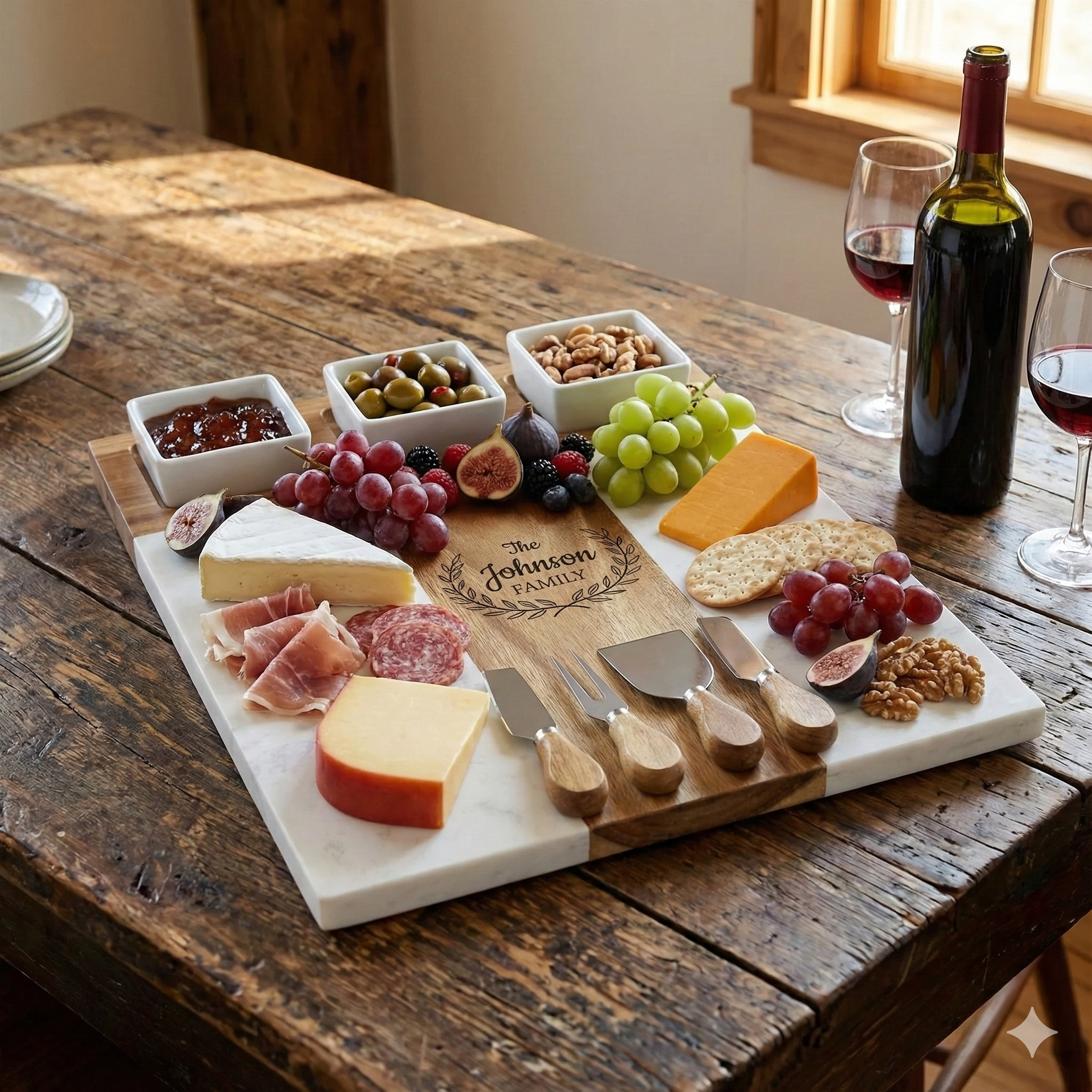 Marble and acacia wood charcuterie board — personalized engraved wedding gift