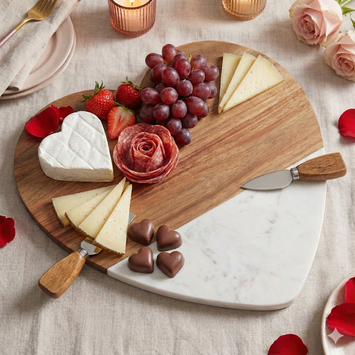 Marble heart serving board with acacia accent — custom engraved Valentine's gift