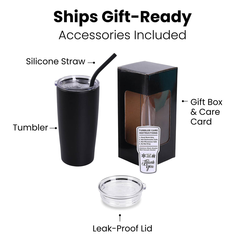 20 oz. Classic Tumbler ships gift ready with silicone straw, leak proof lid, window gift box and care card — custom engraved tumbler by Solano Laser Craft