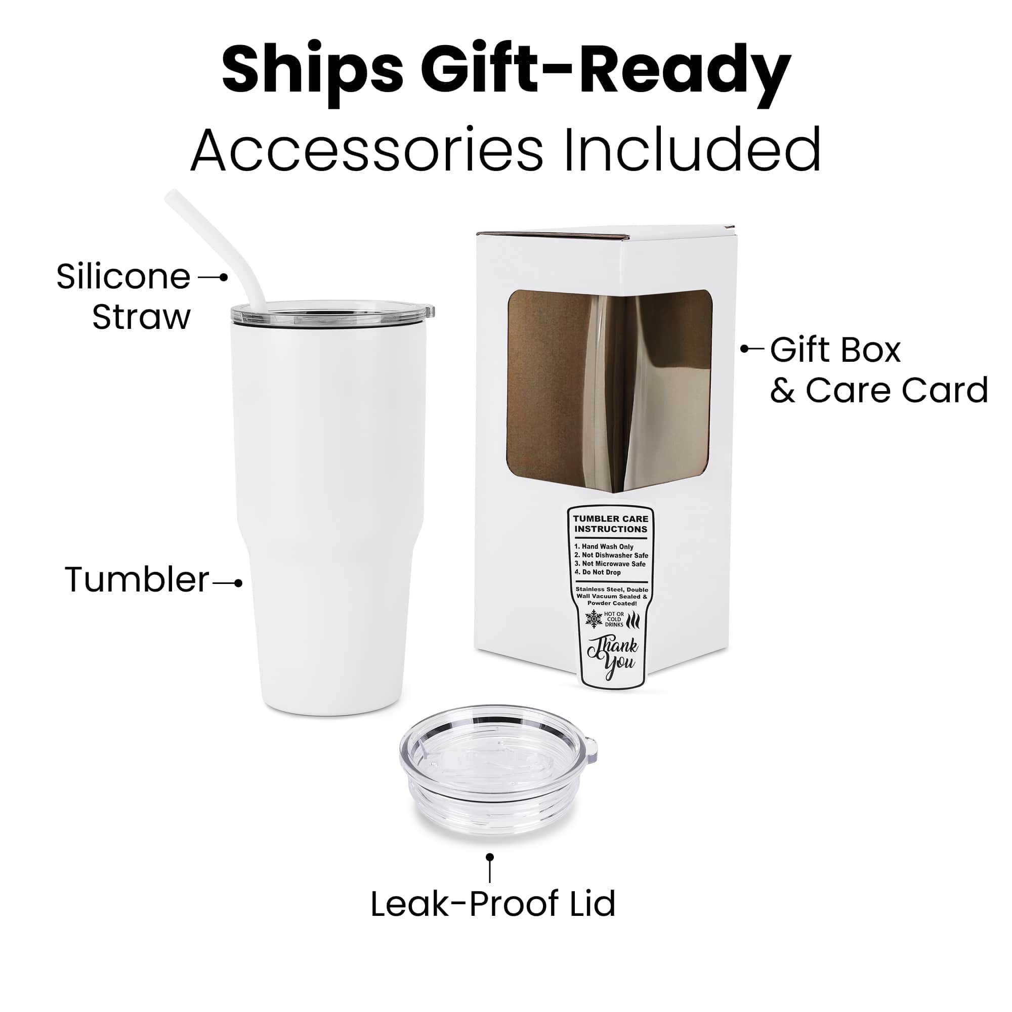 30 oz. Tumbler ships gift ready with silicone straw, leak proof lid, window gift box and care card — custom engraved tumbler by Solano Laser Craft