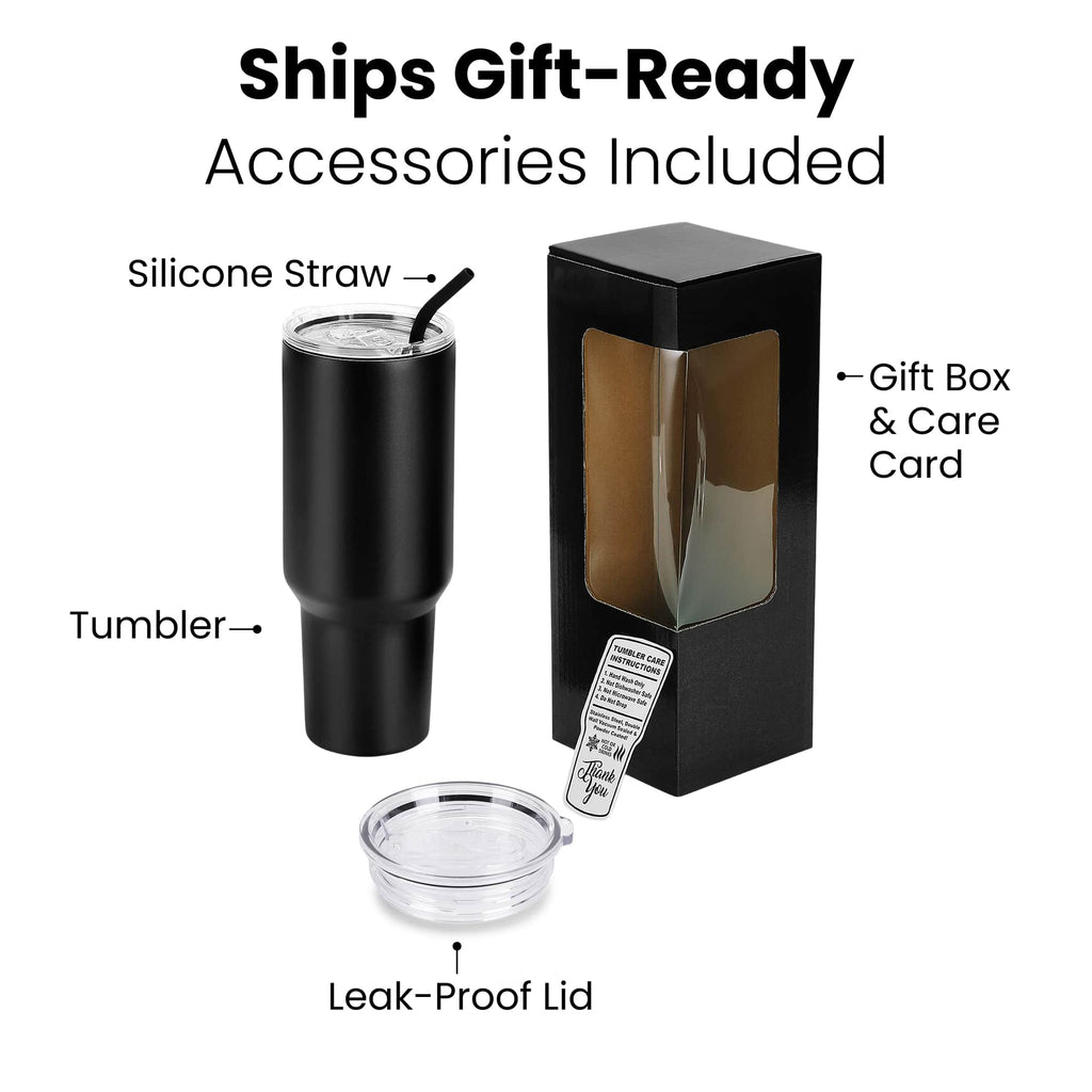 40 oz. Tumbler ships gift ready with silicone straw, leak proof lid, window gift box and care card — custom engraved tumbler by Solano Laser Craft