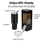 40 oz. Tumbler ships gift ready with silicone straw, leak proof lid, window gift box and care card — custom engraved tumbler by Solano Laser Craft