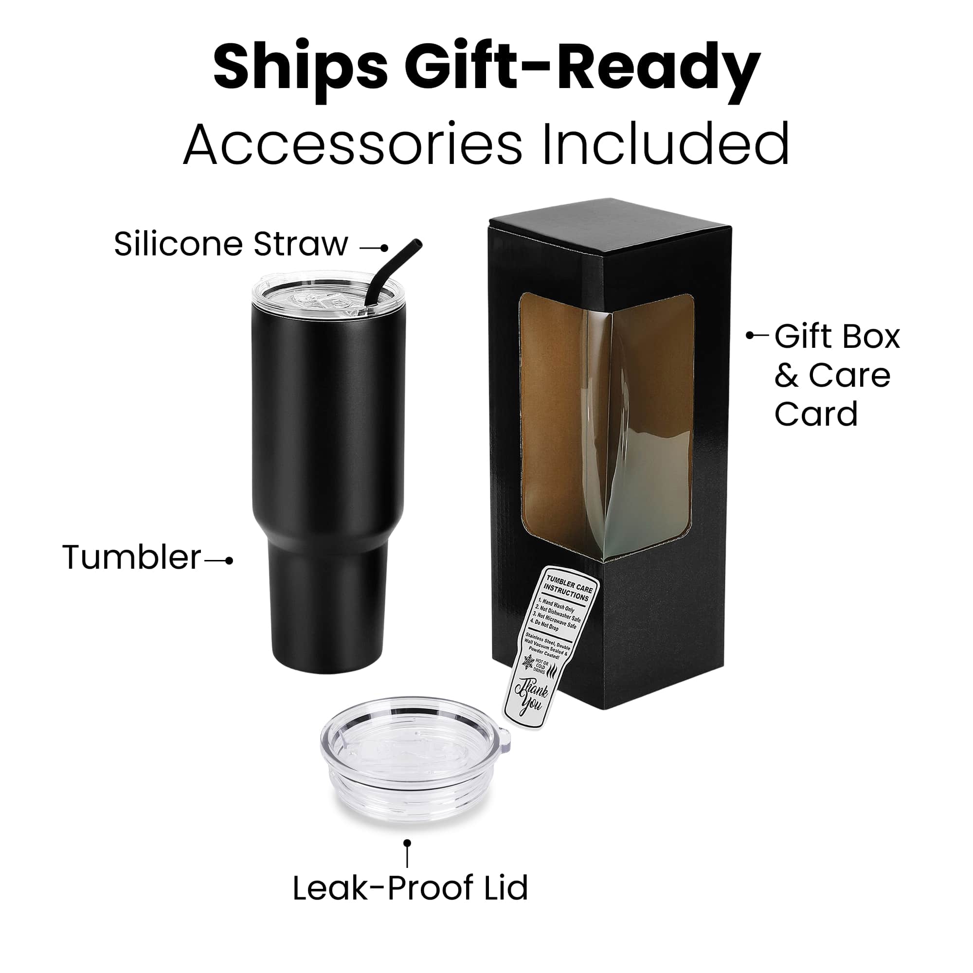 40 oz. Tumbler ships gift ready with silicone straw, leak proof lid, window gift box and care card — custom engraved tumbler by Solano Laser Craft