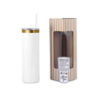 White 20 oz. skinny tumbler with a gold plated lid, shown with its gift box