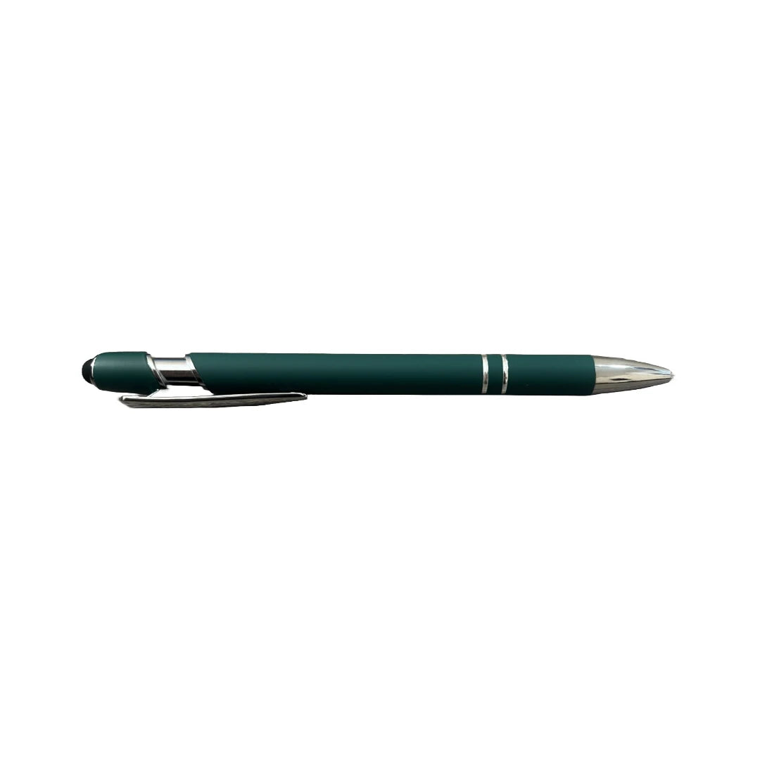 Green soft touch stylus pen with chrome accents and stylus tip