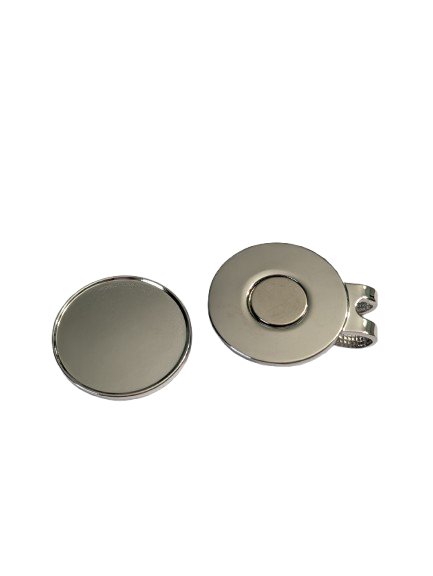 Silver magnetic hat clip with a removable round golf ball marker