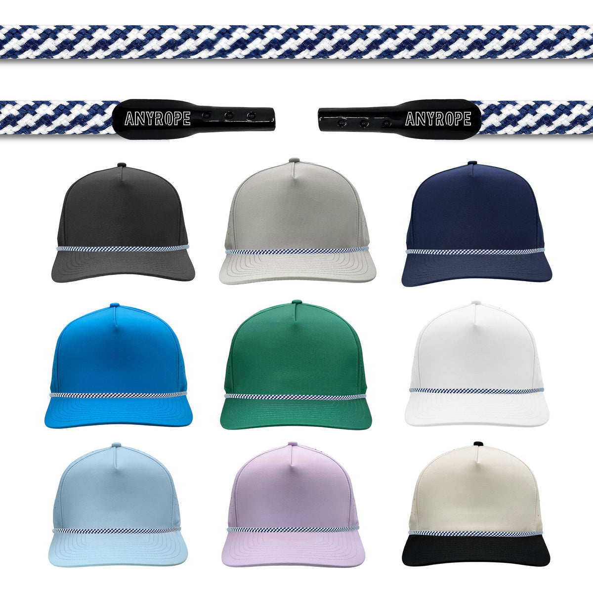 Navy and White Anyrope interchangeable hat rope — braided snapback rope
