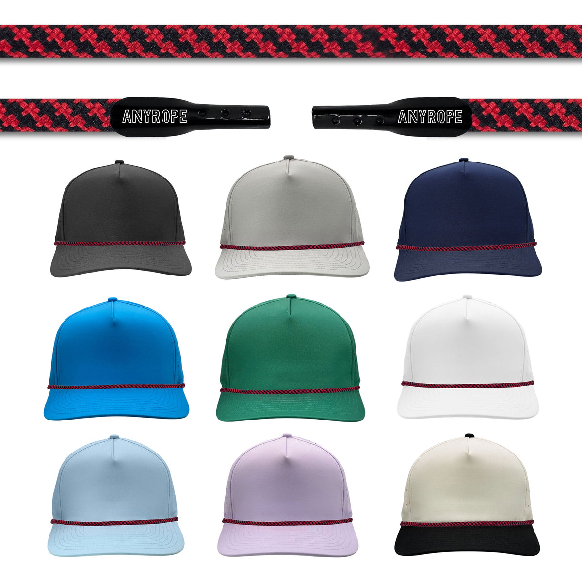 Red and Black Anyrope interchangeable hat rope — braided snapback rope