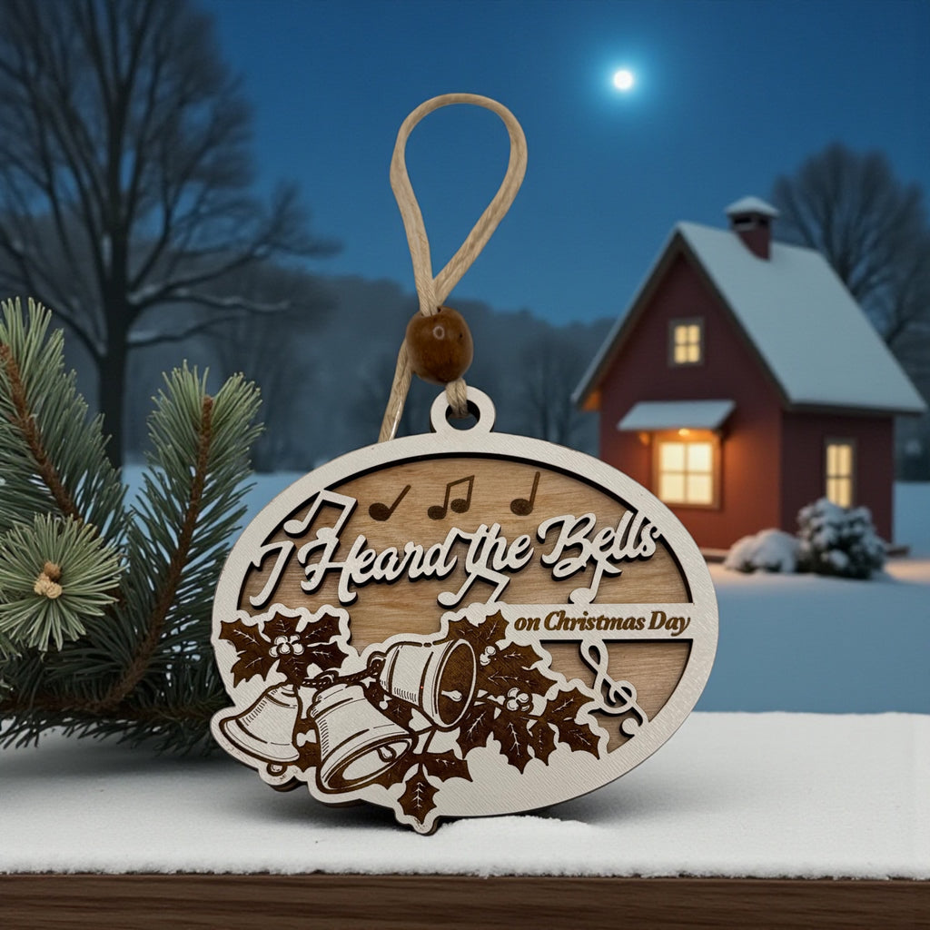 Wooden oval ornament engraved with an I Heard the Bells scene, hanging in front of a snowy house at night