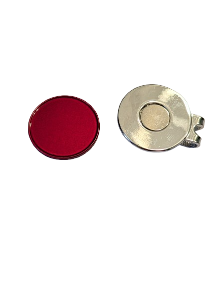 Red magnetic hat clip with a removable round golf ball marker