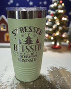 Sage green tumbler engraved Stressed, Blessed and Christmas Obsessed