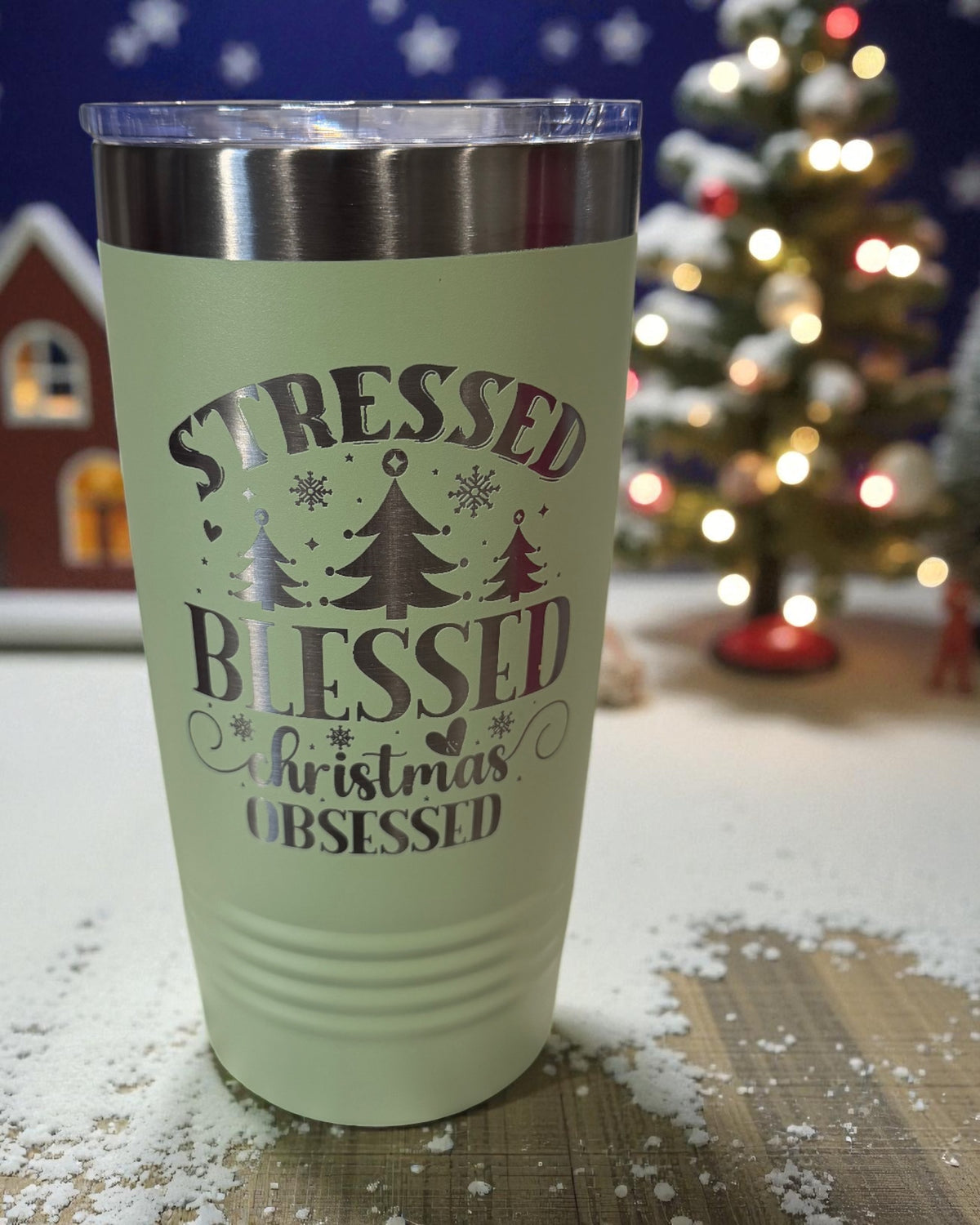 Sage green tumbler engraved Stressed, Blessed and Christmas Obsessed
