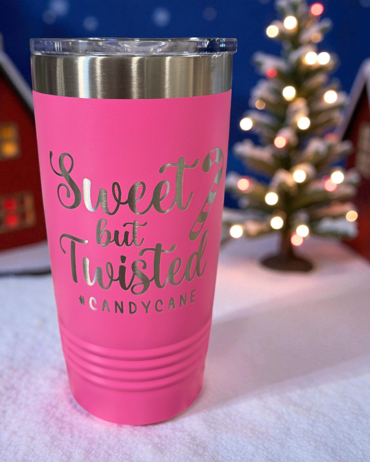 Pink tumbler engraved Sweet but Twisted Candy Cane