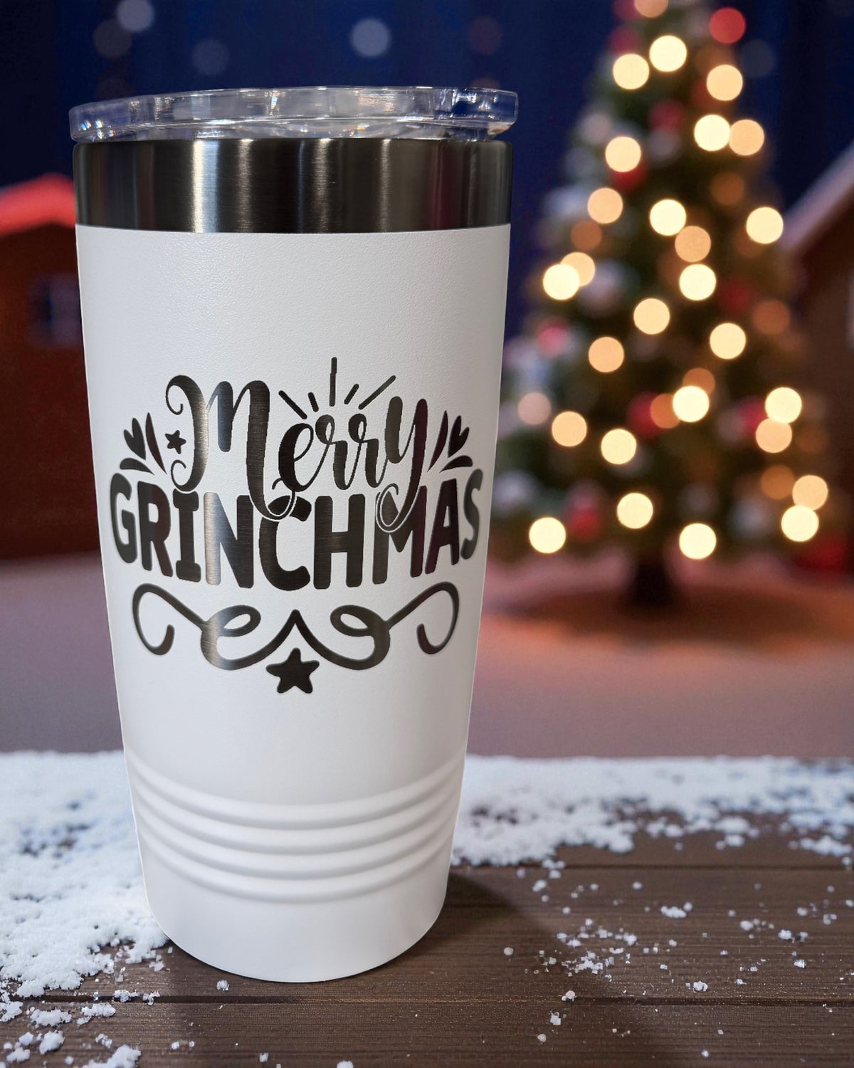 White tumbler engraved Merry Grinchmas