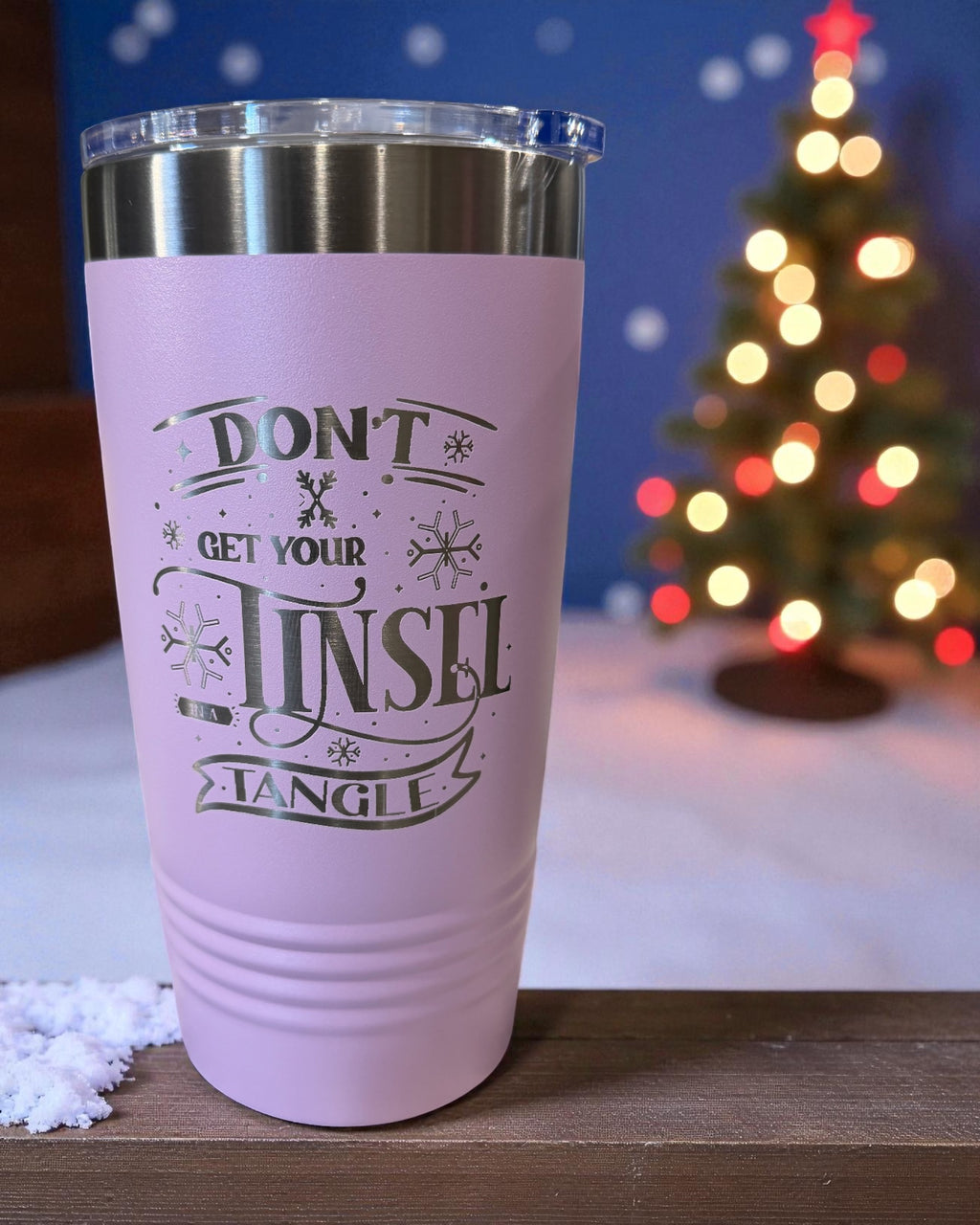 Lilac tumbler engraved Don't Get Your Tinsel in a Tangle
