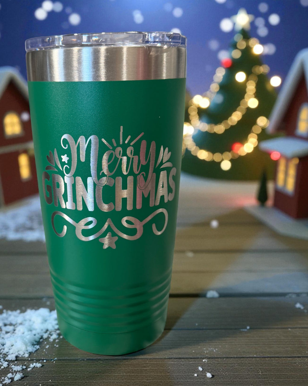 Green tumbler engraved Merry Grinchmas