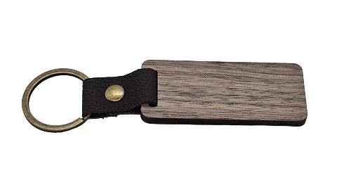 Walnut rectangle wood keychain on a riveted strap and split ring