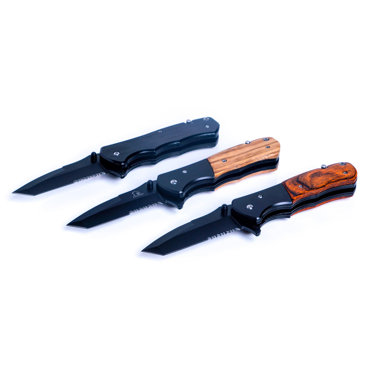 Spring assisted pocket knives with wood and anodized aluminum handles and serrated stainless steel blades — custom engraved pocket knife by Solano Laser Craft