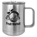 Brushed stainless steel 15 oz. insulated coffee mug with a handle and clear slider lid, shown with a sample engraving
