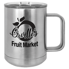 Brushed stainless steel 15 oz. insulated coffee mug with a handle and clear slider lid, shown with a sample engraving
