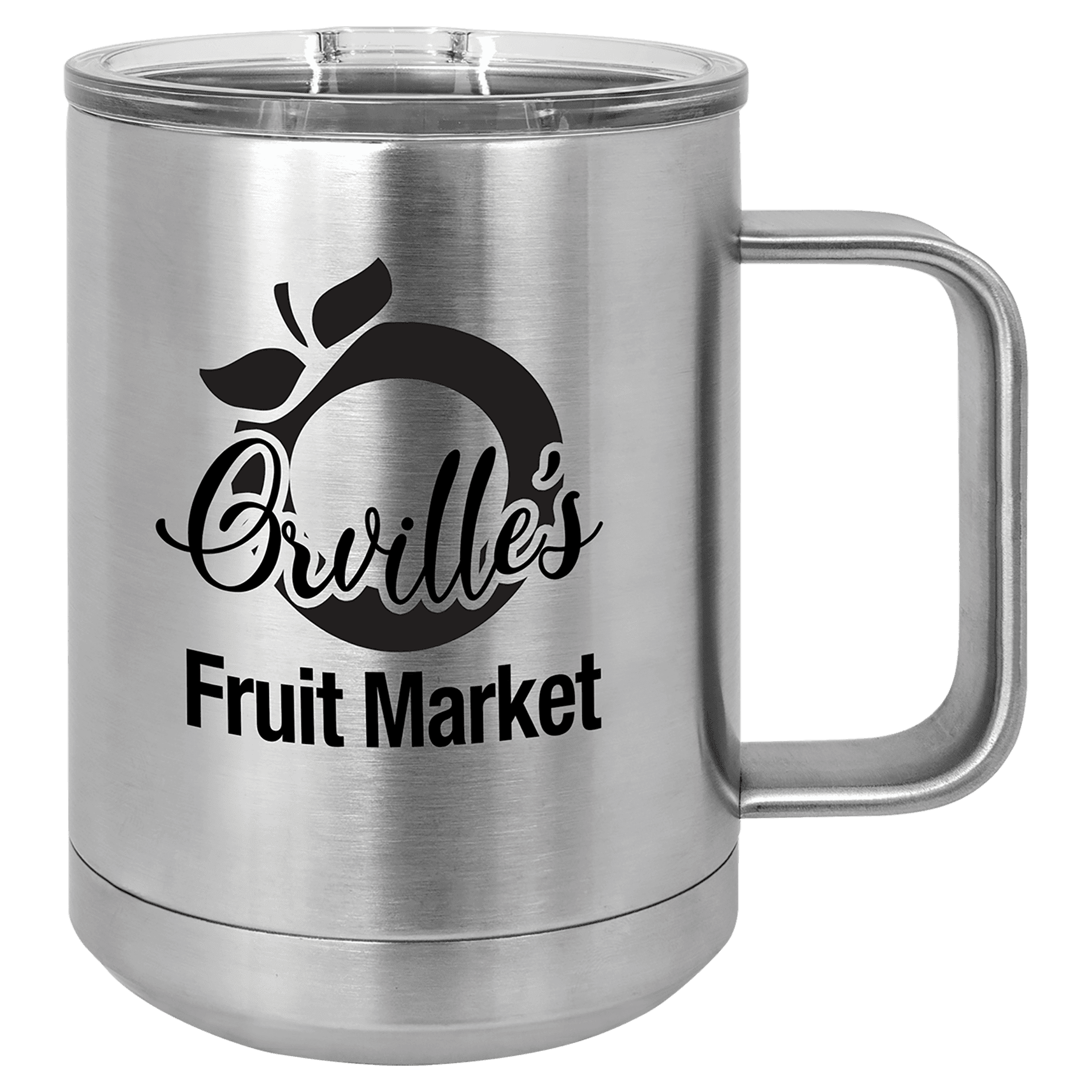 Brushed stainless steel 15 oz. insulated coffee mug with a handle and clear slider lid, shown with a sample engraving