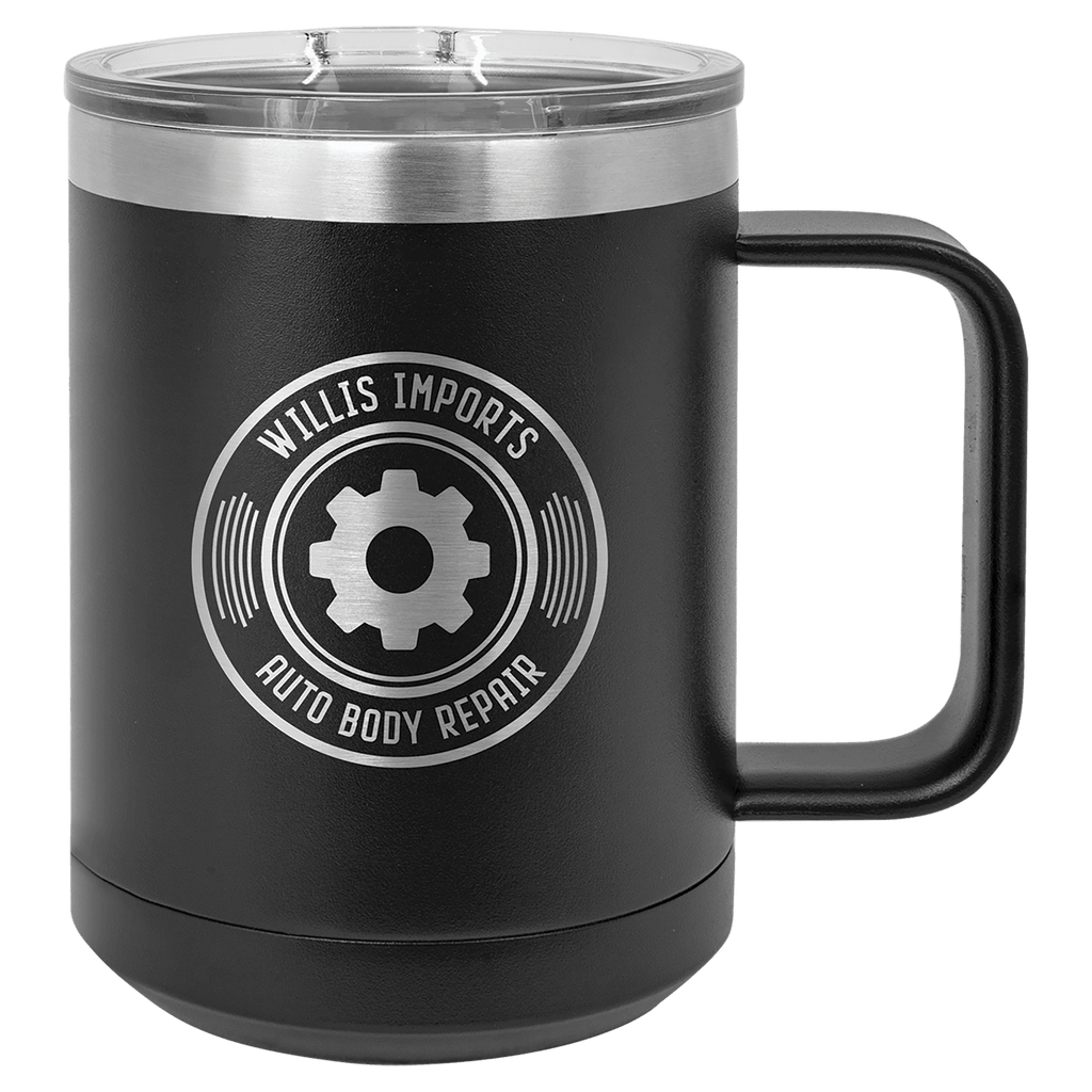 Black powder-coated 15 oz. insulated coffee mug with a handle, stainless steel rim and clear slider lid, shown with a sample engraving