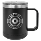 Black powder-coated 15 oz. insulated coffee mug with a handle, stainless steel rim and clear slider lid, shown with a sample engraving