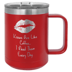 Red powder-coated 15 oz. insulated coffee mug with a handle, stainless steel rim and clear slider lid, shown with a sample engraving
