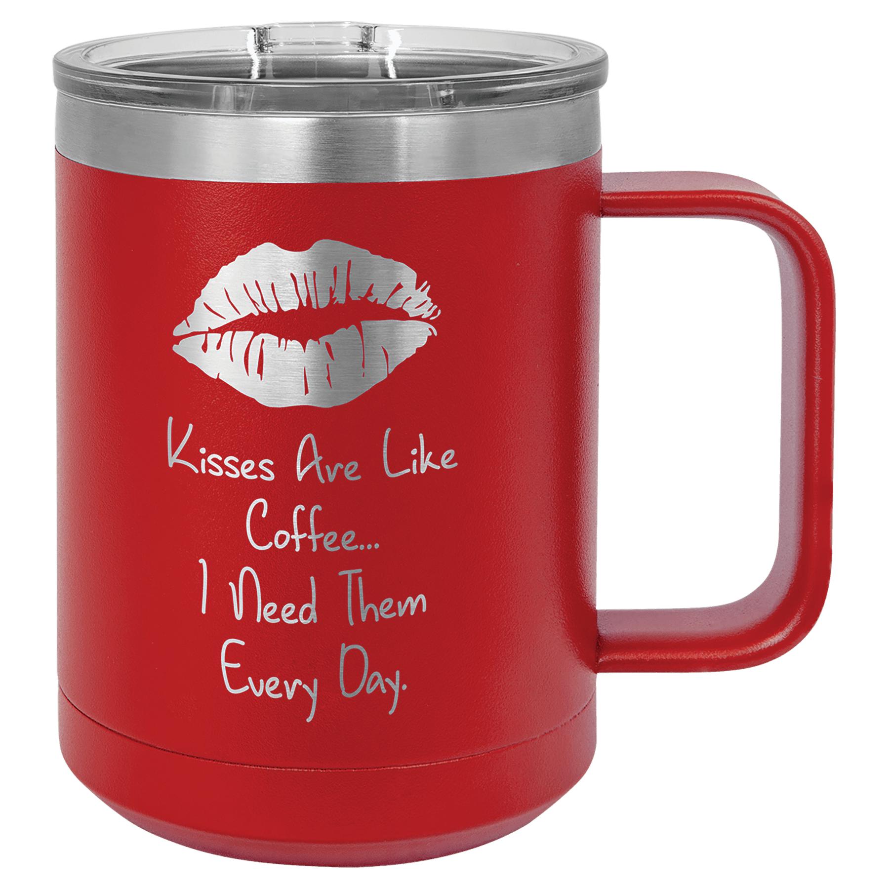 Red powder-coated 15 oz. insulated coffee mug with a handle, stainless steel rim and clear slider lid, shown with a sample engraving