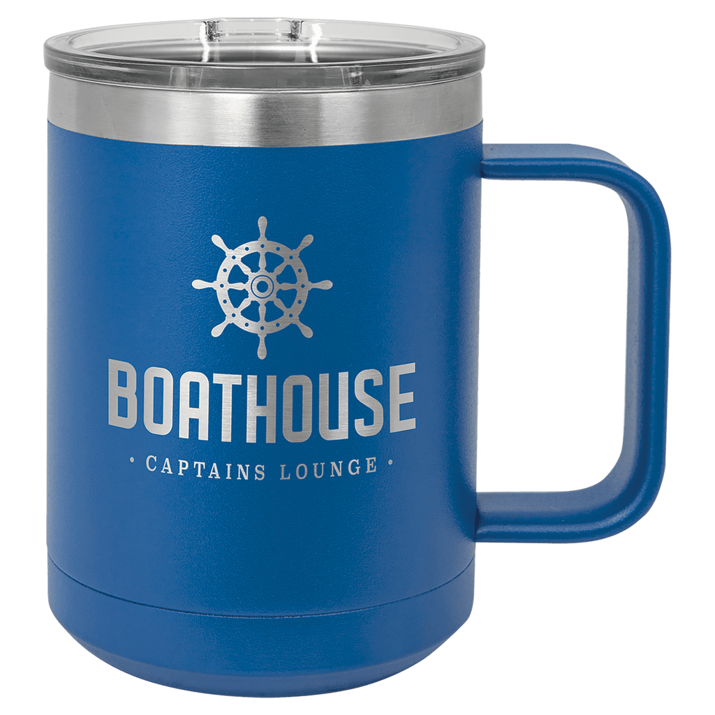 Royal blue powder-coated 15 oz. insulated coffee mug with a handle, stainless steel rim and clear slider lid, shown with a sample engraving