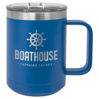 Royal blue powder-coated 15 oz. insulated coffee mug with a handle, stainless steel rim and clear slider lid, shown with a sample engraving