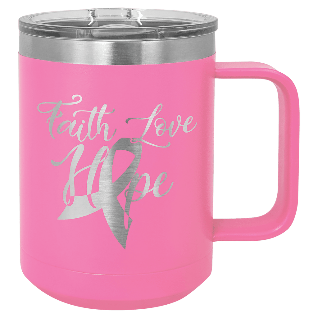 Pink powder-coated 15 oz. insulated coffee mug with a handle, stainless steel rim and clear slider lid, shown with a sample engraving