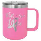Pink powder-coated 15 oz. insulated coffee mug with a handle, stainless steel rim and clear slider lid, shown with a sample engraving
