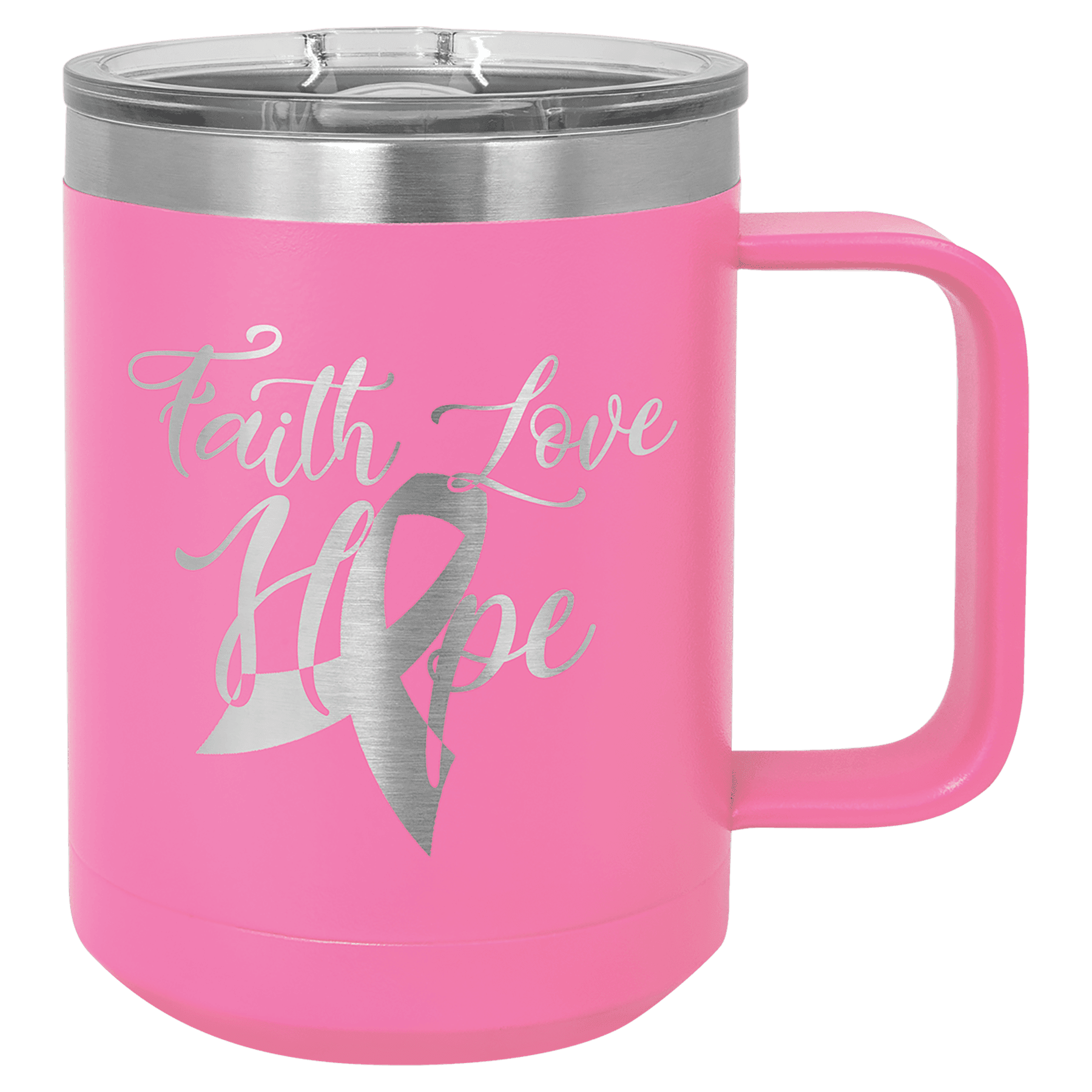 Pink powder-coated 15 oz. insulated coffee mug with a handle, stainless steel rim and clear slider lid, shown with a sample engraving