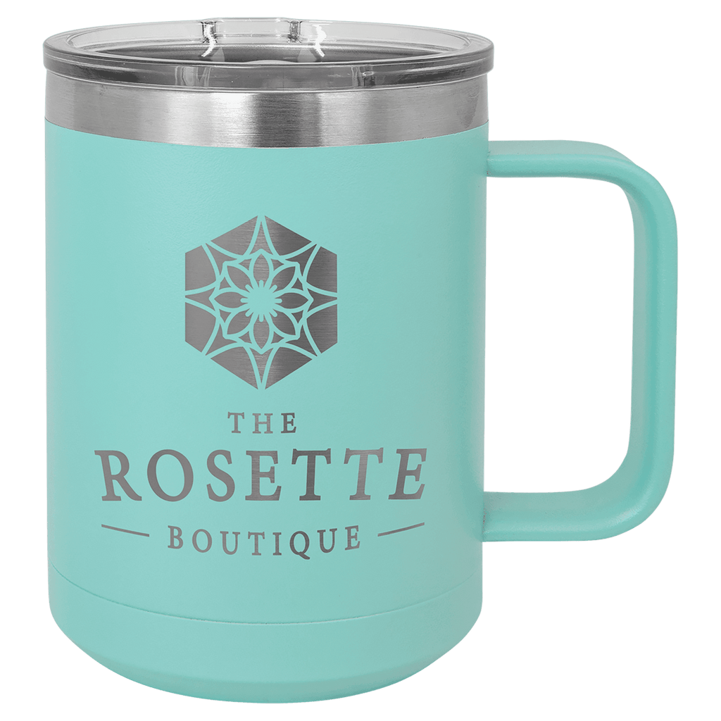 Teal powder-coated 15 oz. insulated coffee mug with a handle, stainless steel rim and clear slider lid, shown with a sample engraving
