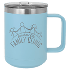 Light blue powder-coated 15 oz. insulated coffee mug with a handle, stainless steel rim and clear slider lid, shown with a sample engraving