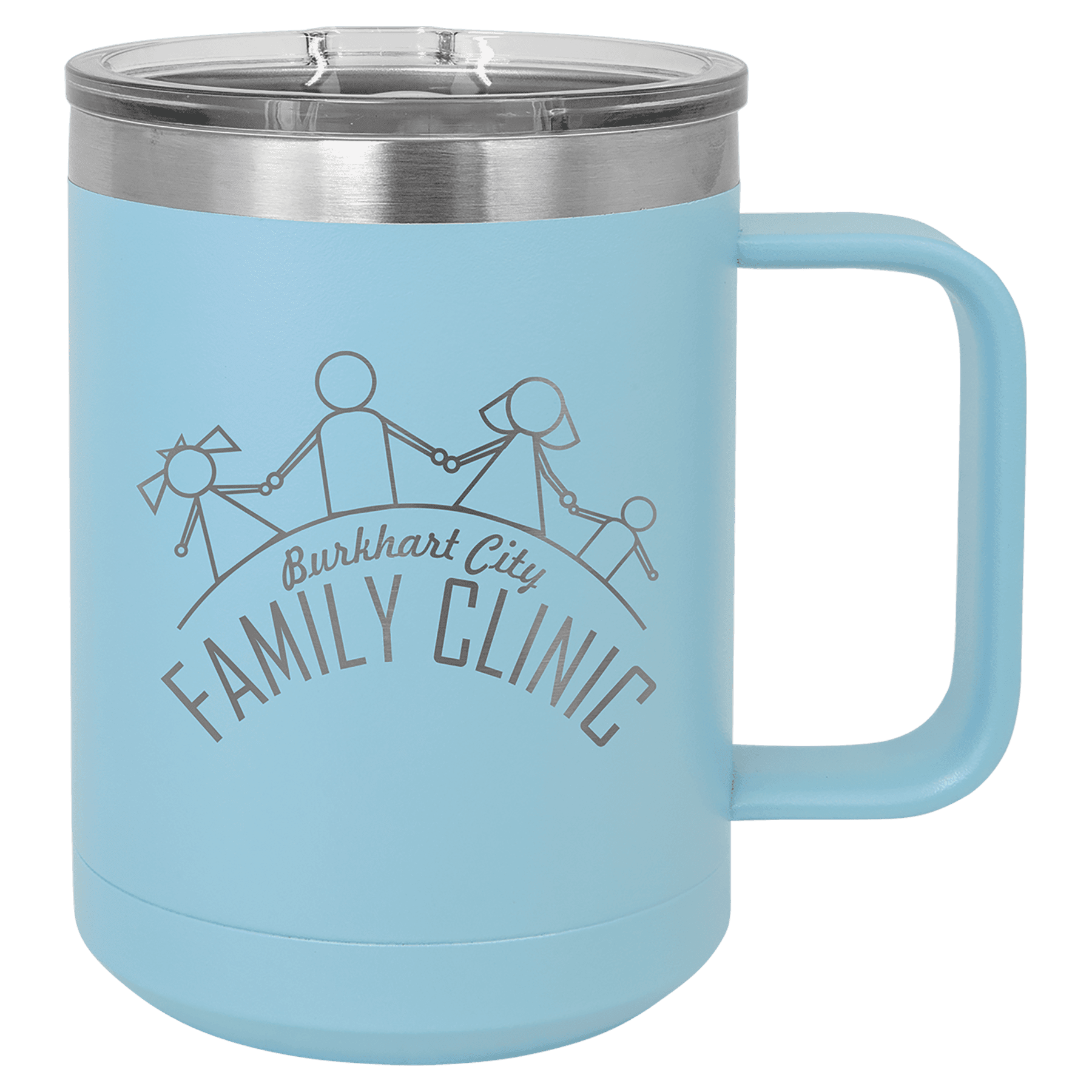 Light blue powder-coated 15 oz. insulated coffee mug with a handle, stainless steel rim and clear slider lid, shown with a sample engraving