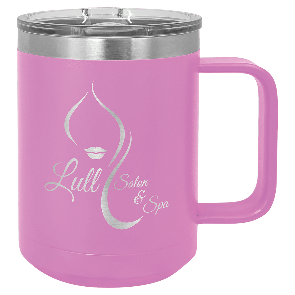 Light purple powder-coated 15 oz. insulated coffee mug with a handle, stainless steel rim and clear slider lid, shown with a sample engraving