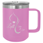 Light purple powder-coated 15 oz. insulated coffee mug with a handle, stainless steel rim and clear slider lid, shown with a sample engraving