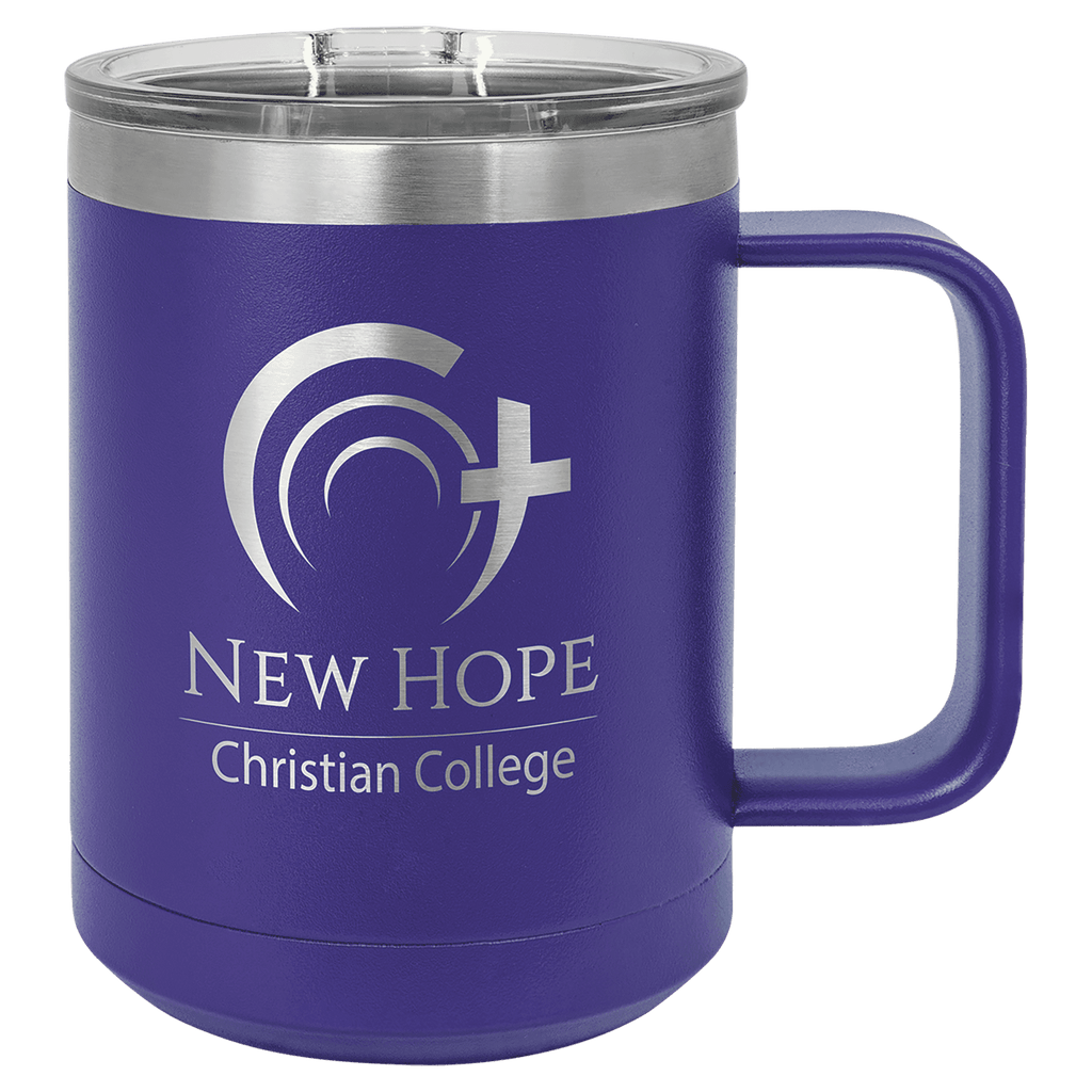 Purple powder-coated 15 oz. insulated coffee mug with a handle, stainless steel rim and clear slider lid, shown with a sample engraving