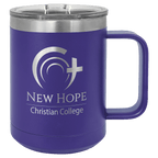 Purple powder-coated 15 oz. insulated coffee mug with a handle, stainless steel rim and clear slider lid, shown with a sample engraving