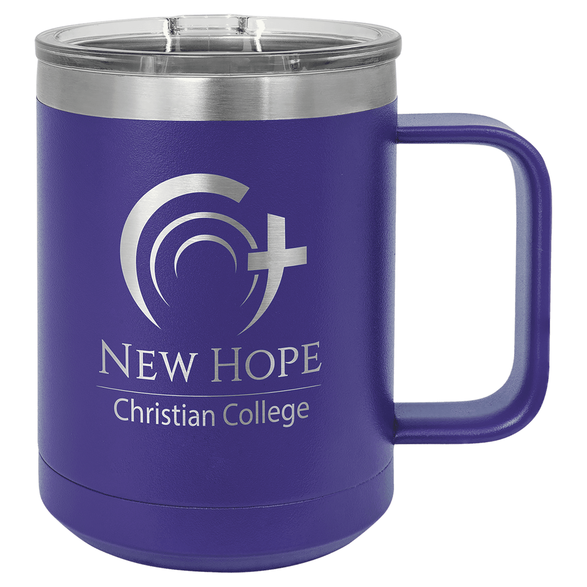 Purple powder-coated 15 oz. insulated coffee mug with a handle, stainless steel rim and clear slider lid, shown with a sample engraving