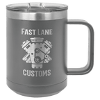 Dark gray powder-coated 15 oz. insulated coffee mug with a handle, stainless steel rim and clear slider lid, shown with a sample engraving